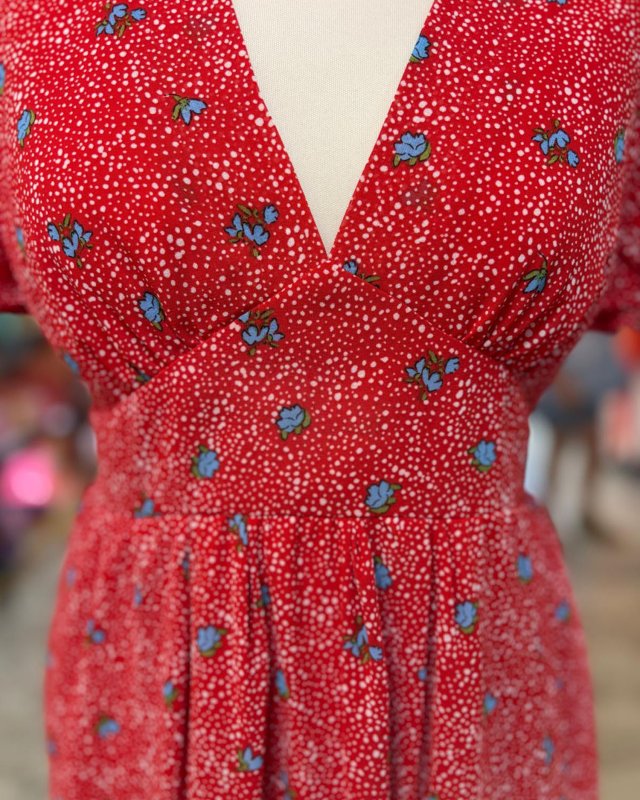 Robe rouge à petites fleurs bleues