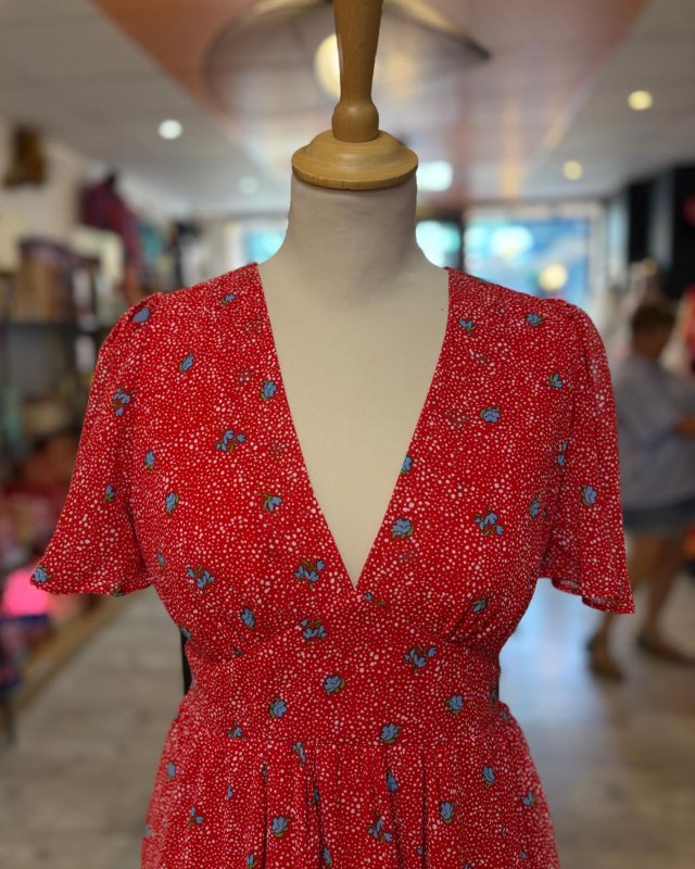 Robe rouge à petites fleurs bleues