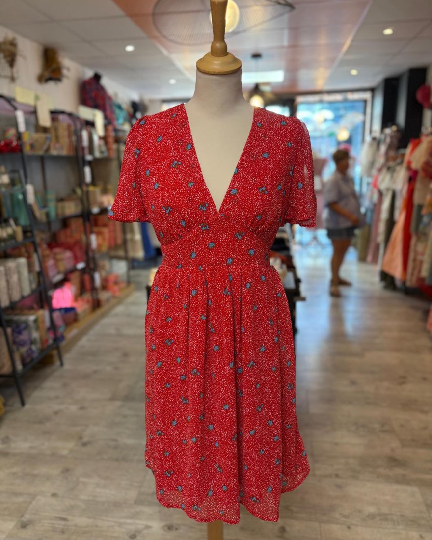 Robe rouge à petites fleurs bleues