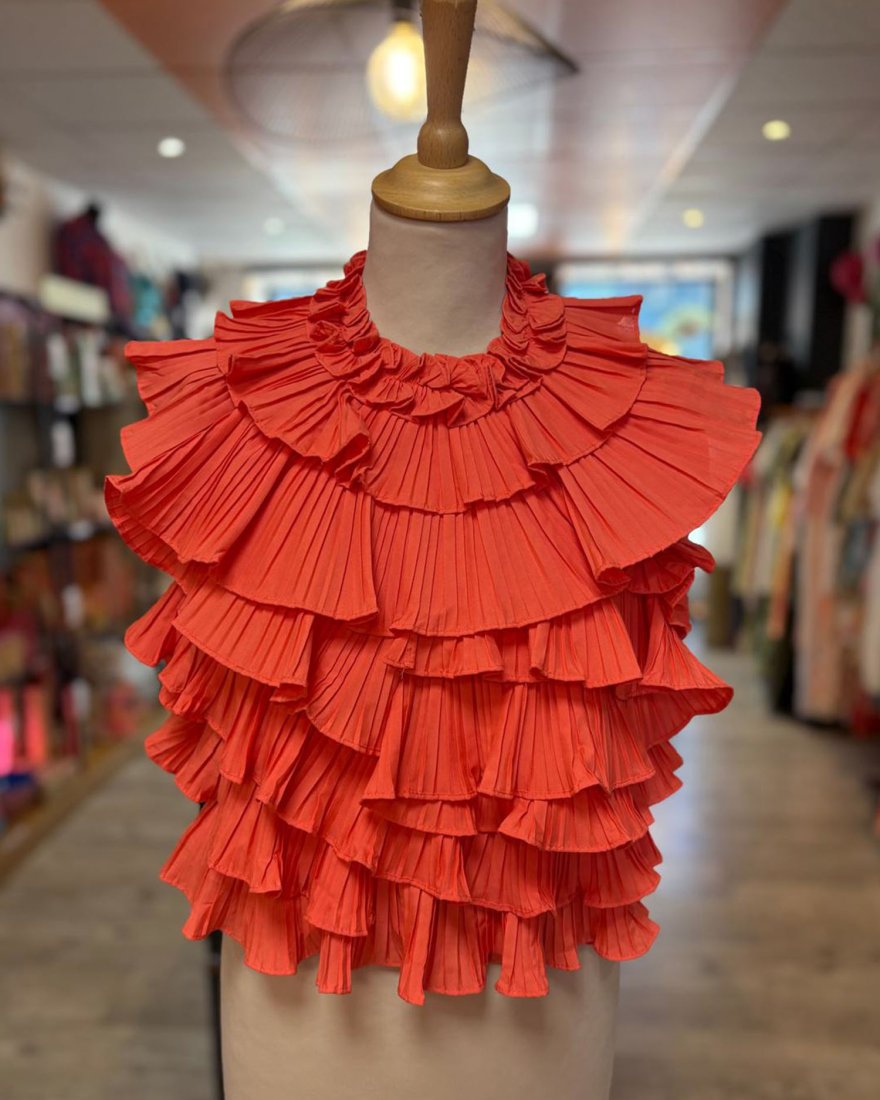 Top corail à volants plissés