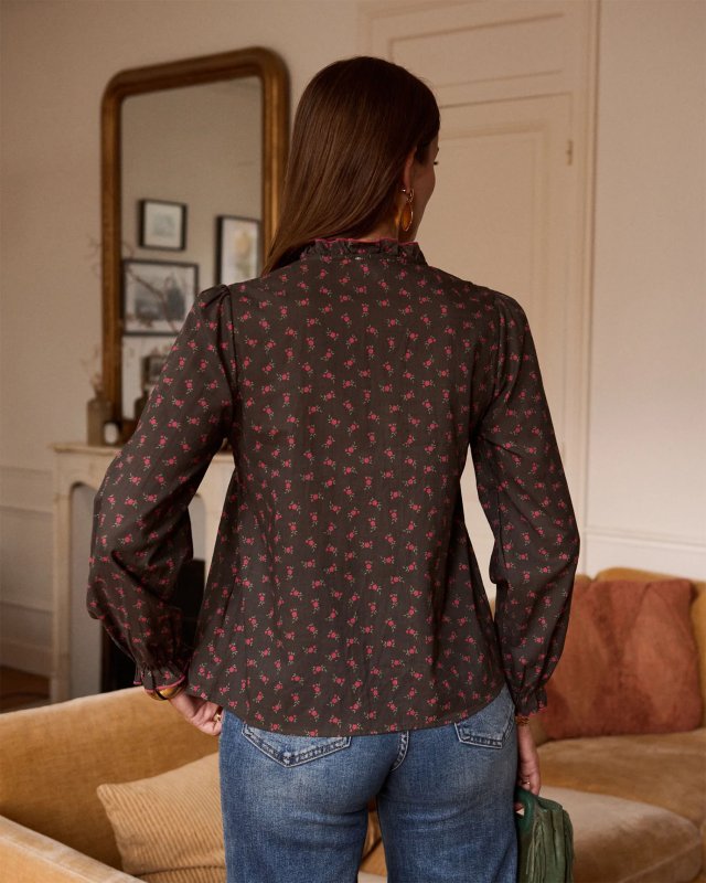 Blouse smockée kaki à motif fleuri fuchsia