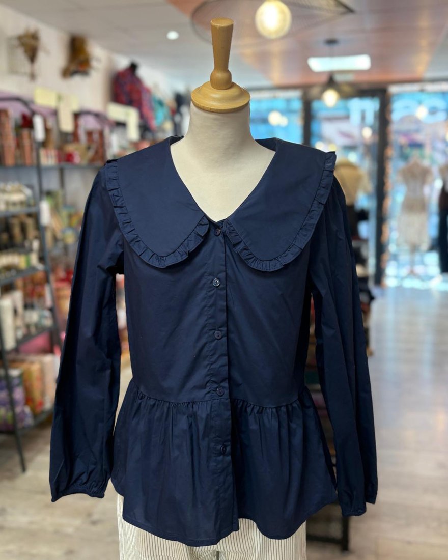 Blouse à basque bleu marine et grand col